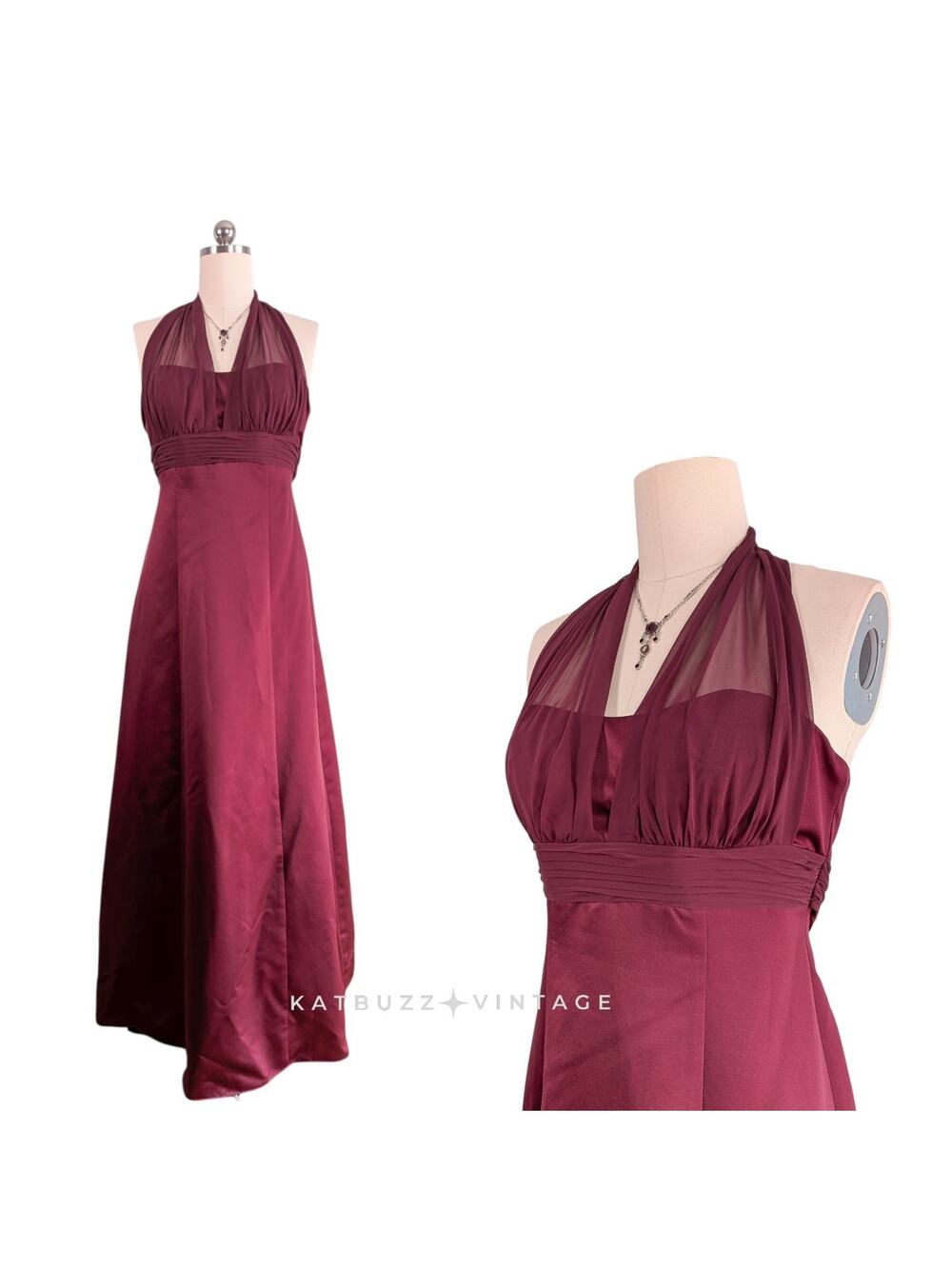Vintage Prom Dress Maxi Gown 10 Red Babydoll Halter Goth Glam 90S Y2K Maroon